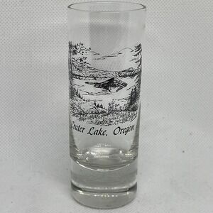 Vintage Crater Lake Oregon Shot Glass Clear Black Landscape Design 1990s PNW